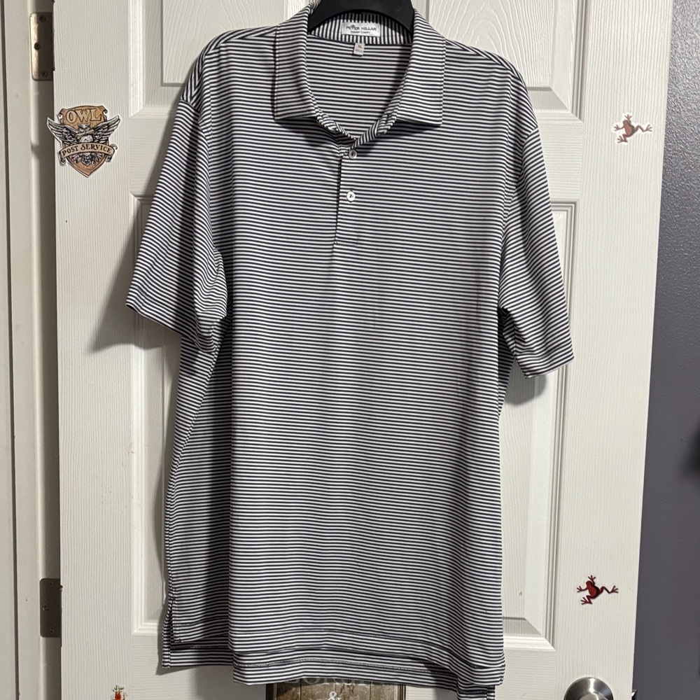 Peter Millar Dk Grey and White Striped Polo Shirt, XL